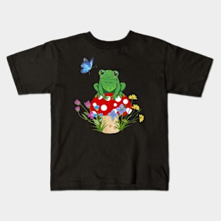 Frog On A Mushroom Cute Cottagecore Graphic Kids T-Shirt